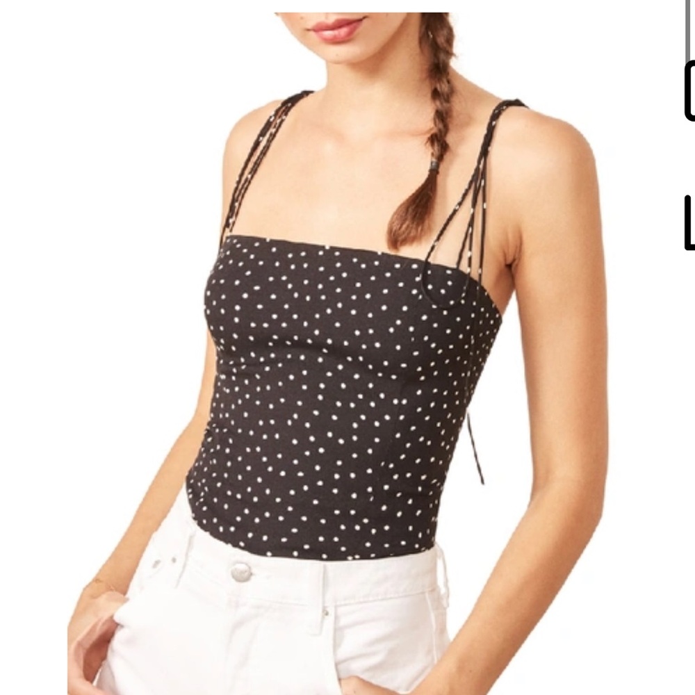 Reformation Black Polka Dot Tie-Strap Cami Top